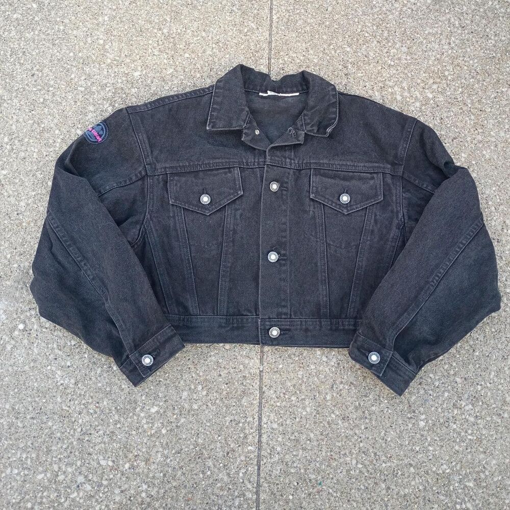 Vtg 90s LA GEAR Cropped Sequin Black Denim Jean Jacket Sz Small Sports Car
